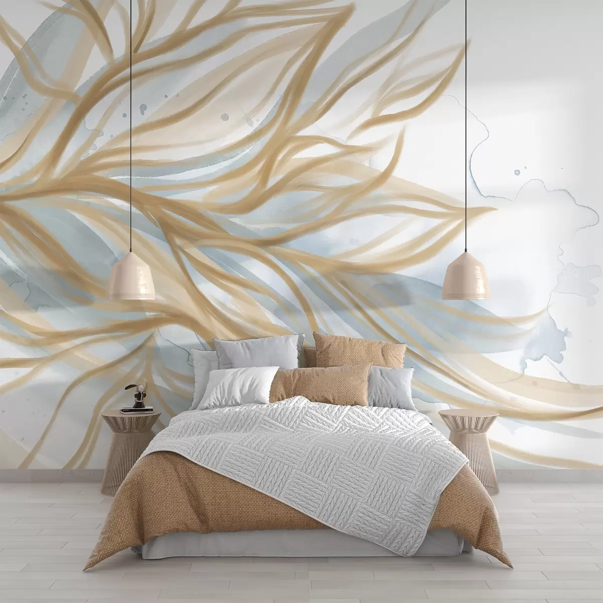 murais de parede Folhas amarelas abstractas com fundo azul de aguarela, suaves e delicadas, formas orgânicas, linhas fluidas w08871