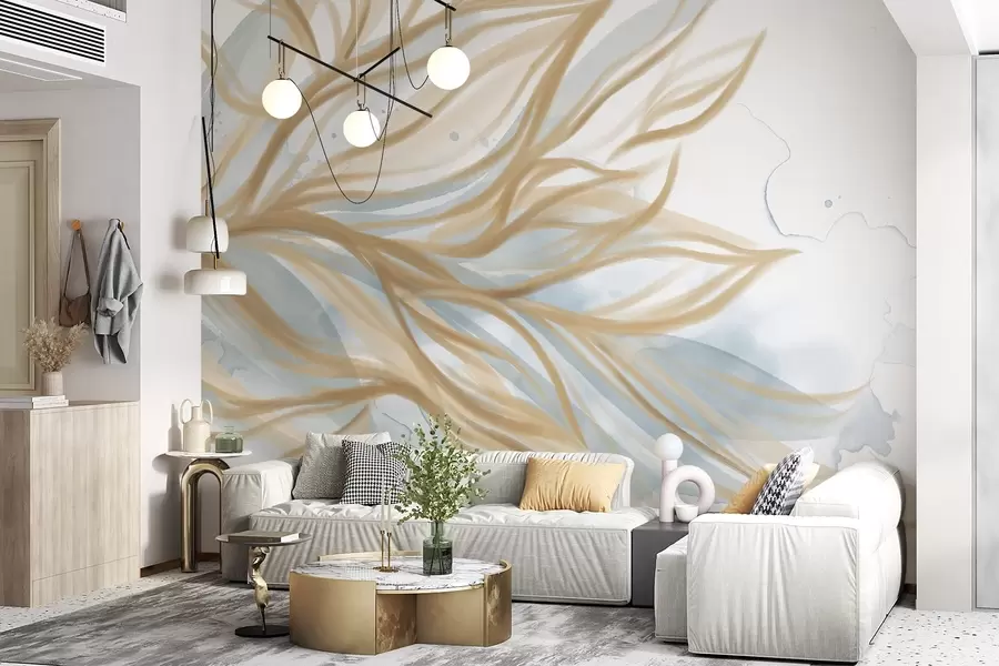 murais de parede Folhas amarelas abstractas com fundo azul de aguarela, suaves e delicadas, formas orgânicas, linhas fluidas w08871