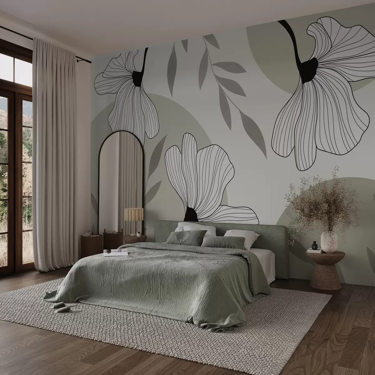 murais de parede Abstração com flores e folhas em tons de verde w03328v1