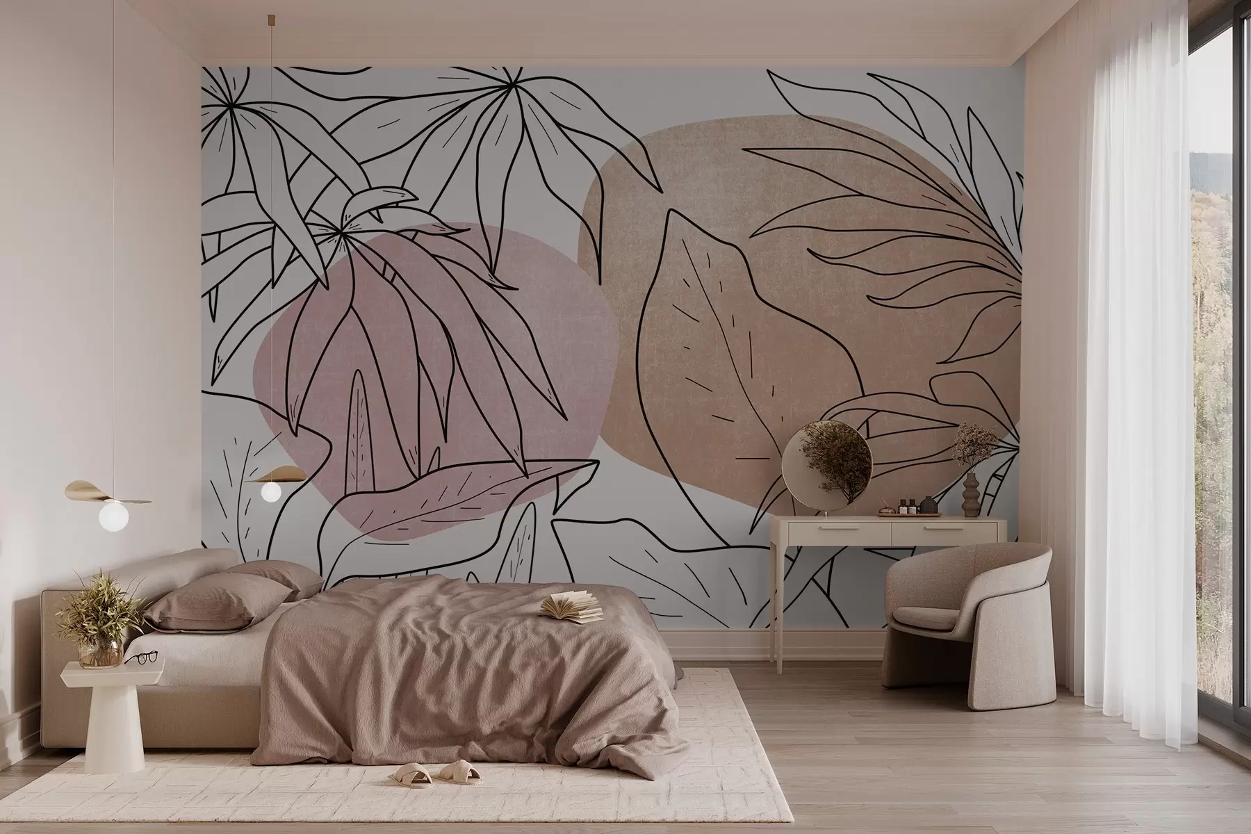 murais de parede Desenho de linhas de plantas sobre um fundo de manchas w03278