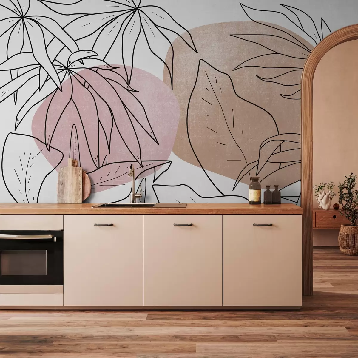 murais de parede Desenho de linhas de plantas sobre um fundo de manchas w03278