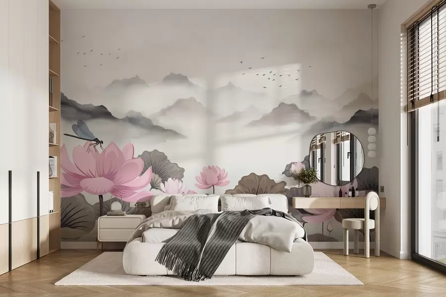 murais de parede Montanhas com pássaros em estilo aguarela, com nenúfares e libélulas em primeiro plano w08872