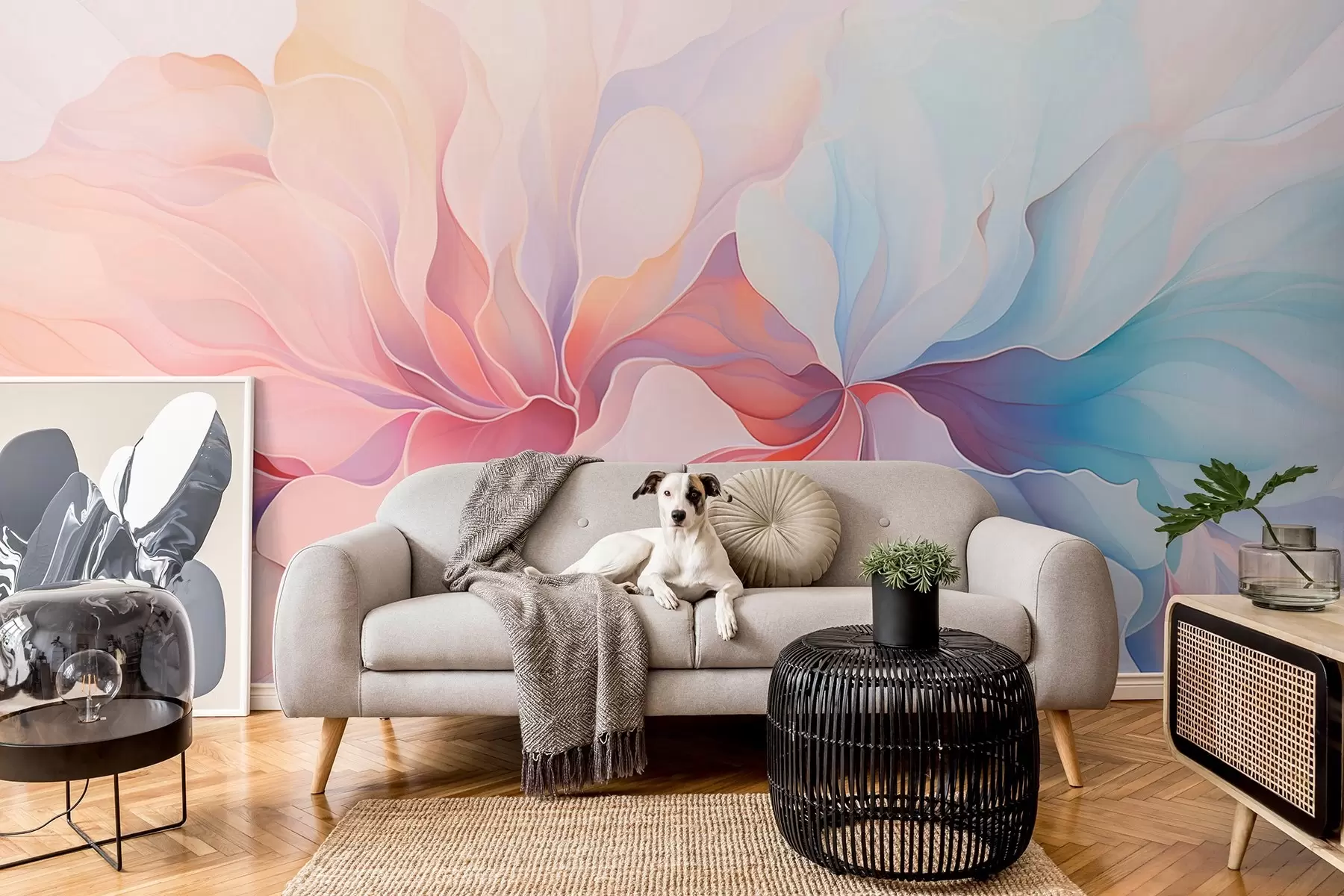 murais de parede Desenho floral abstrato em tons suaves de rosa e azul w08873