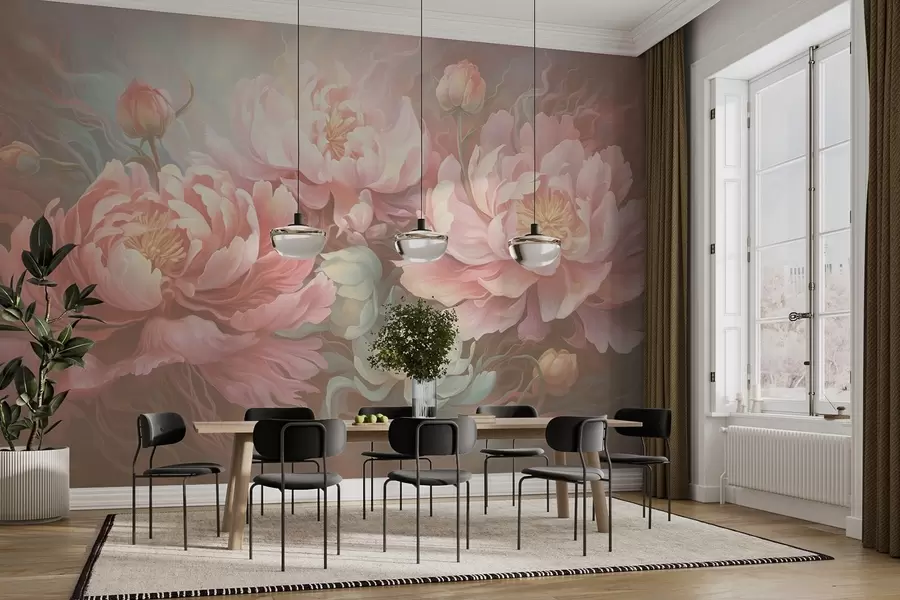 murais de parede Peónias de conto de fadas num estilo de pincelada em tons quentes w08879v2