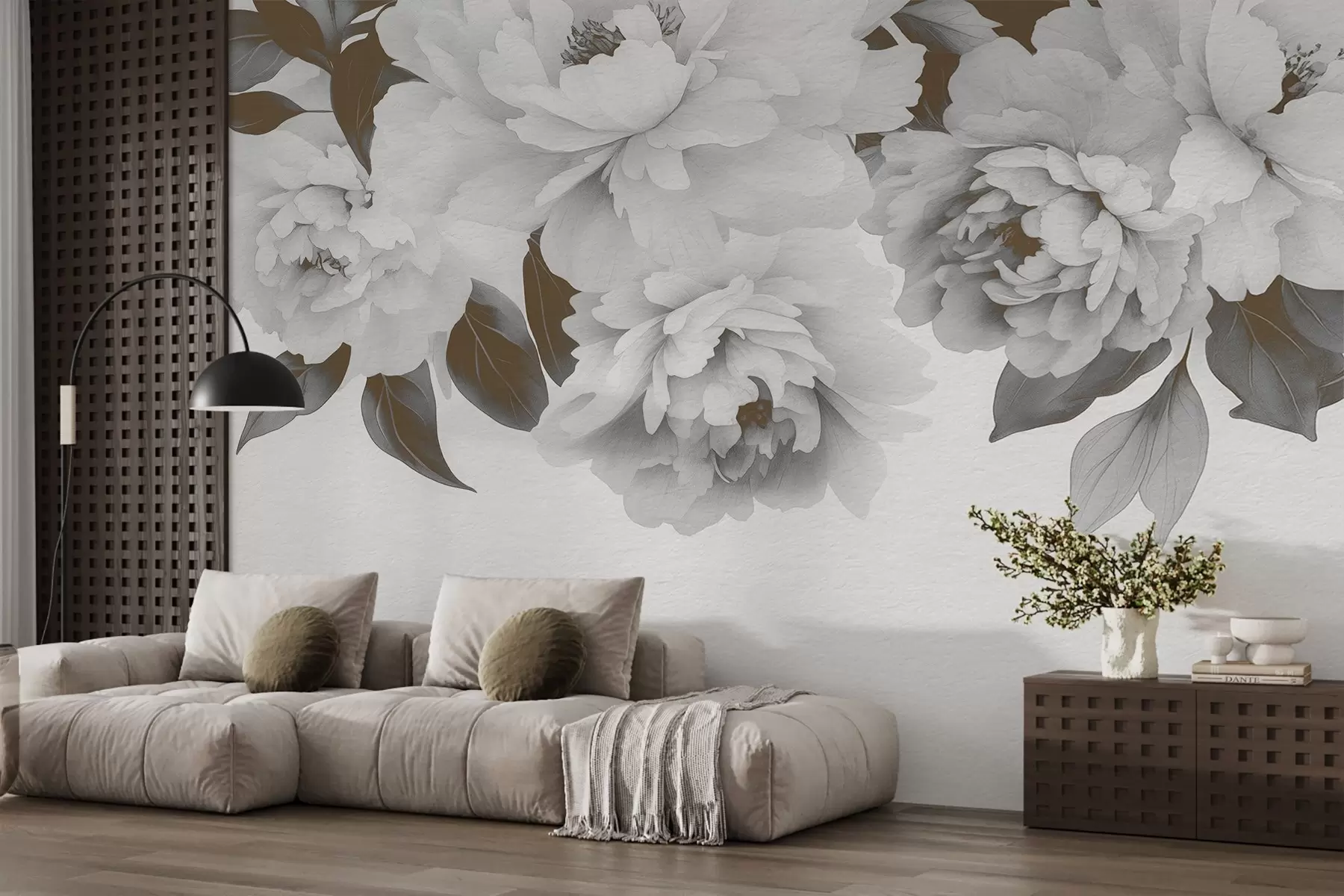 murais de parede Delicadas peónias vintage em aguarela w03317v1