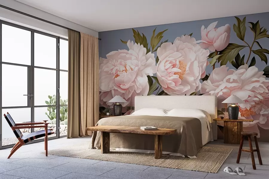murais de parede Peónias cor-de-rosa suaves com folhas sobre um fundo azul w08882