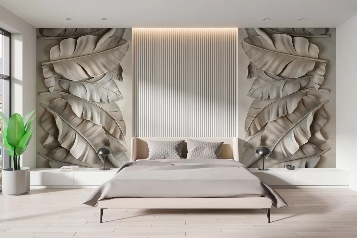 murais de parede imitação de um baixo-relevo com folhas tropicais em tons de bege w03285