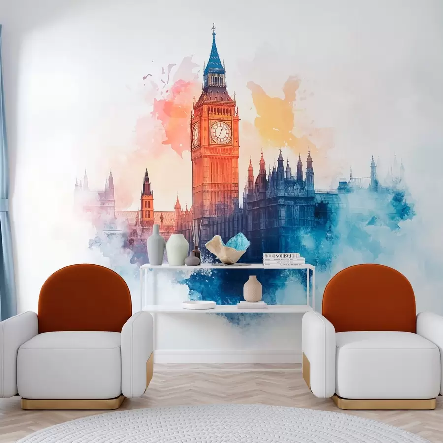 murais de parede desenho a aguarela do Big Ben sobre um fundo claro w03287