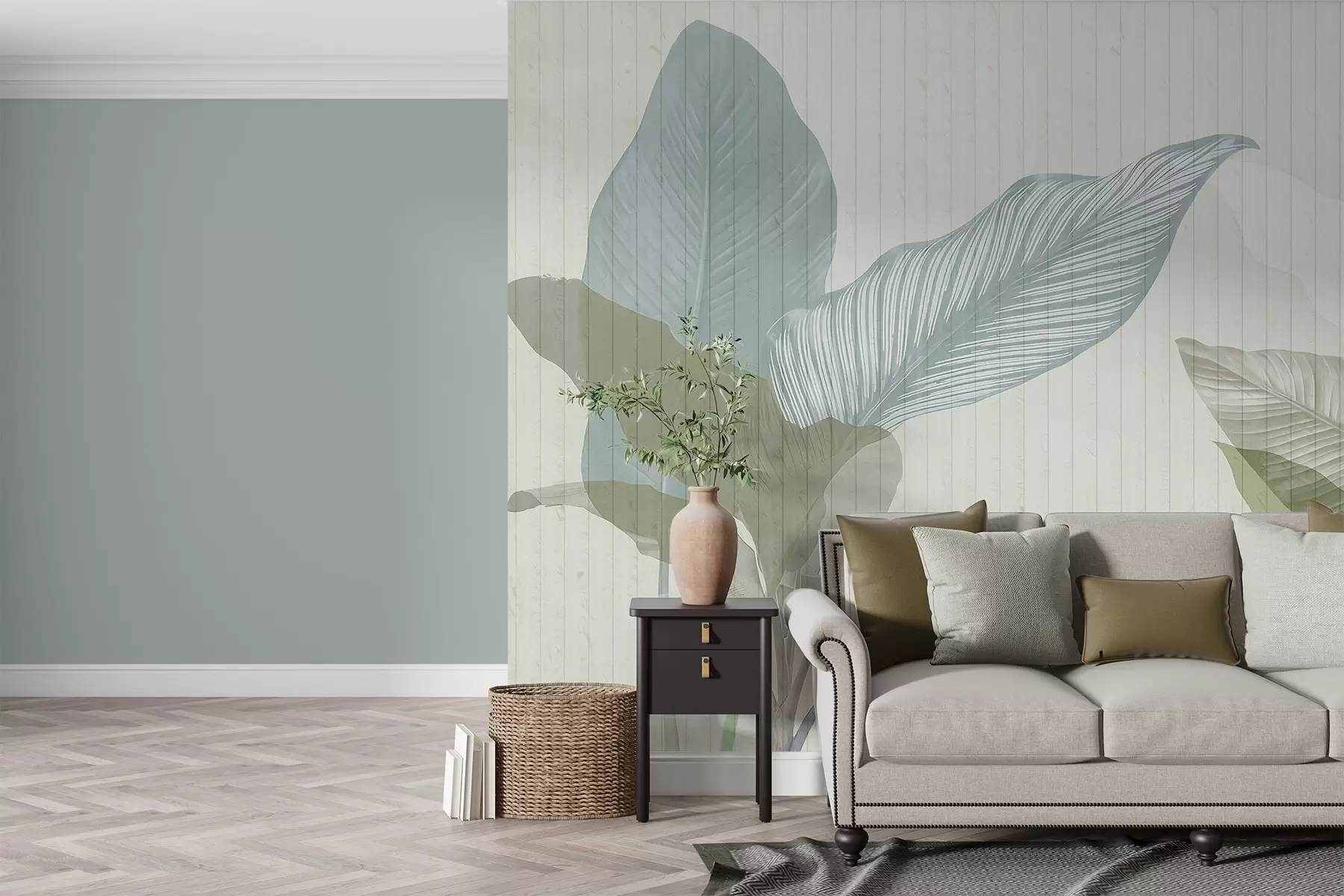 murais de parede Ilustração botânica suave com grandes folhas translúcidas em tons pastel sobre um fundo texturado w03323v1