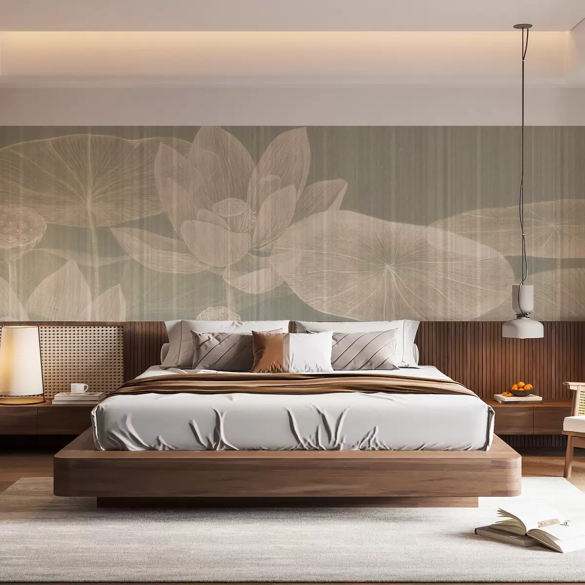 murais de parede Ilustração elegante de lótus e lírios em tons pastel com um efeito de linho texturado, w03324