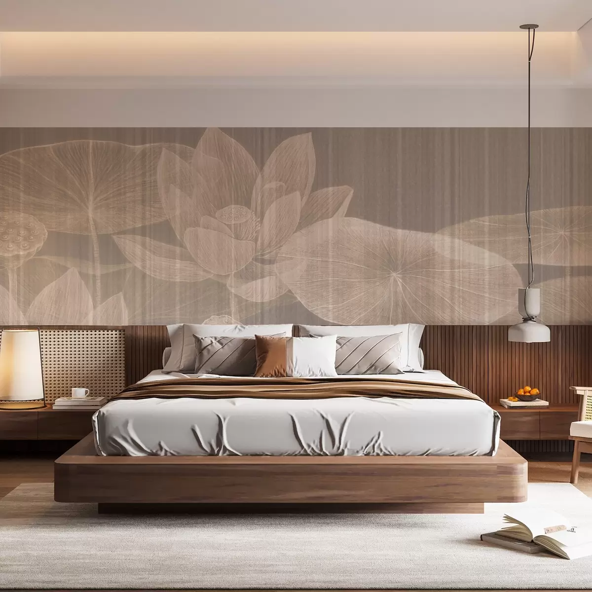 murais de parede Ilustração elegante de lótus e lírios em tons pastel com um efeito de linho texturado, w03324v1