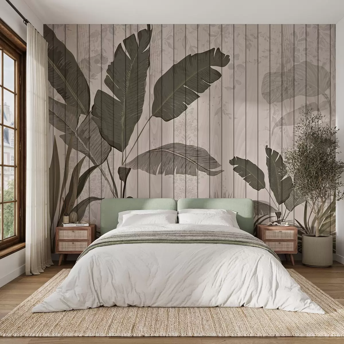 murais de parede Ilustração botânica elegante com folhas de bananeira e plantas exóticas sobre um fundo claro texturado w03325v1