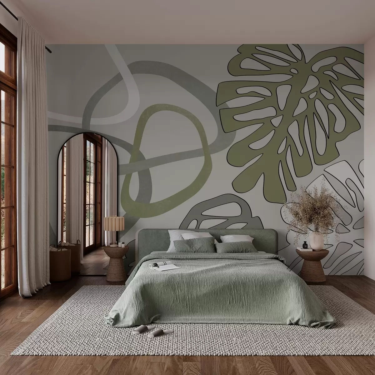 murais de parede Folhas de monstera e formas abstractas, tons de verde w03277v2