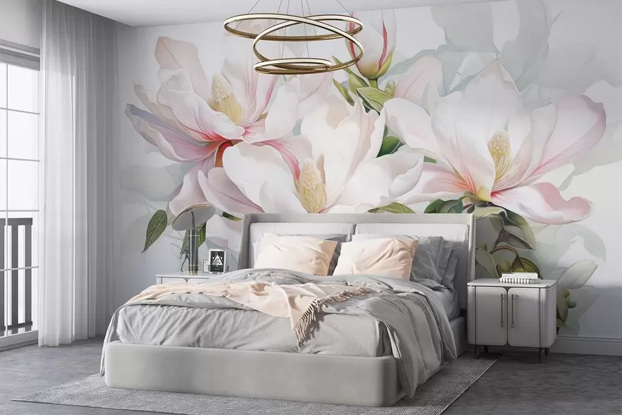 murais de parede Flores de magnólia com pétalas brancas e cor-de-rosa, folhas e ramos castanhos, estilo aguarela suave e delicado w08885