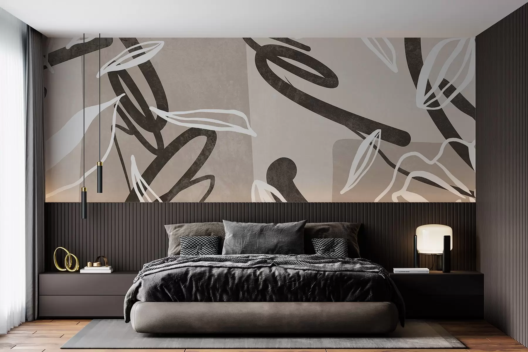 murais de parede Design moderno e minimalista com textura abstrata e elementos florais numa paleta de cores bege neutra w08888
