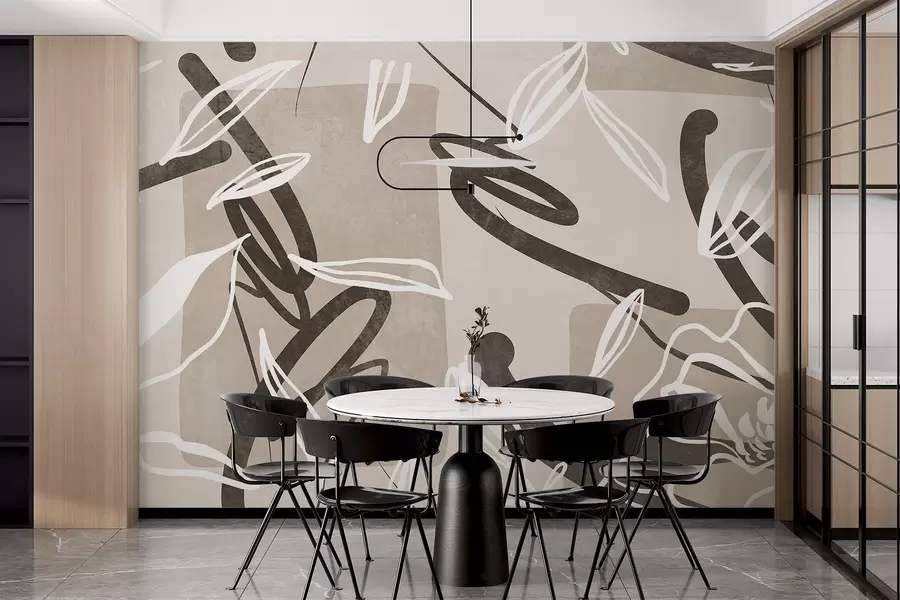 murais de parede Design moderno e minimalista com textura abstrata e elementos florais numa paleta de cores bege neutra w08888