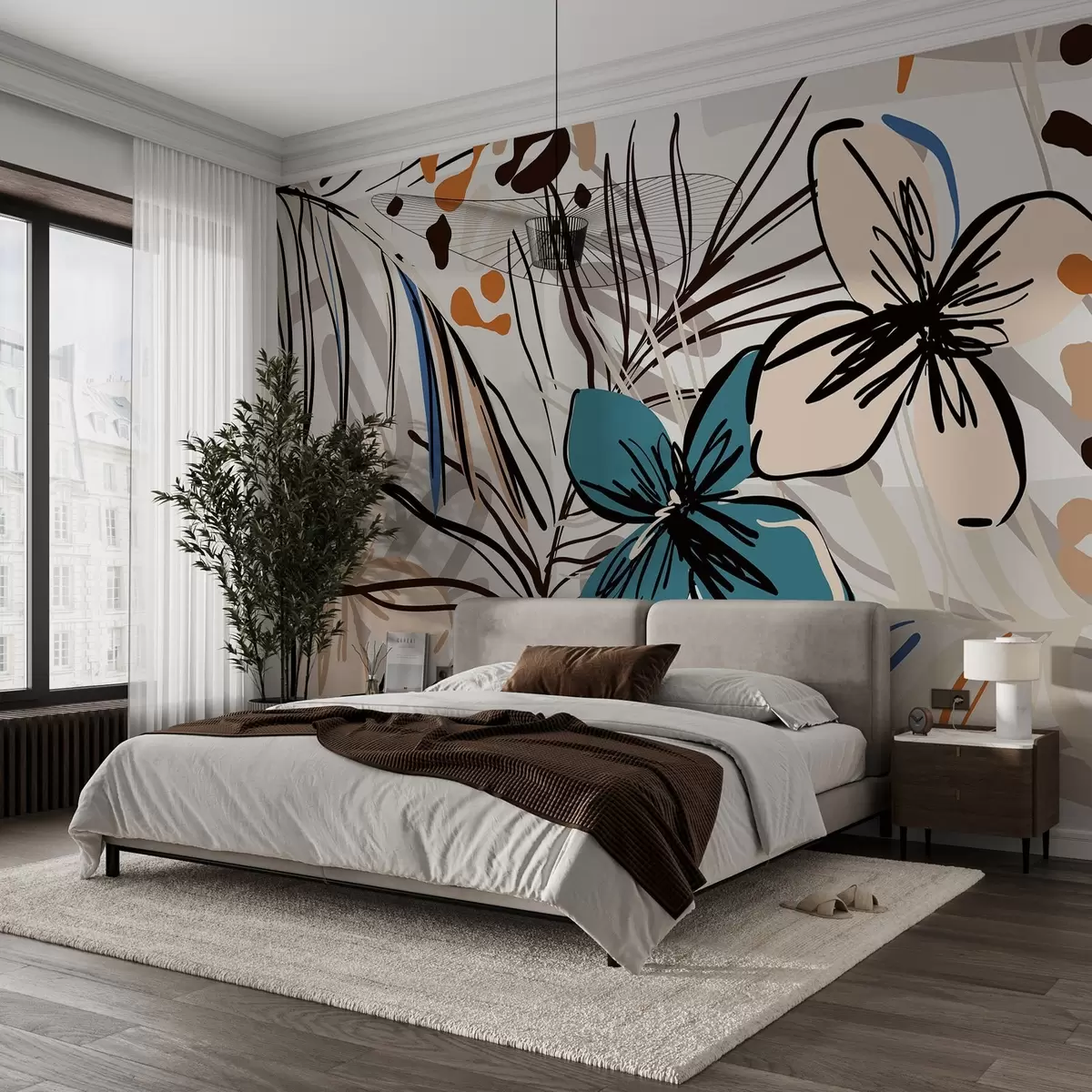 murais de parede Impressão abstrata moderna com folhas de palmeira tropicais, flores azuis e bege, linhas pretas, fundo claro w08889