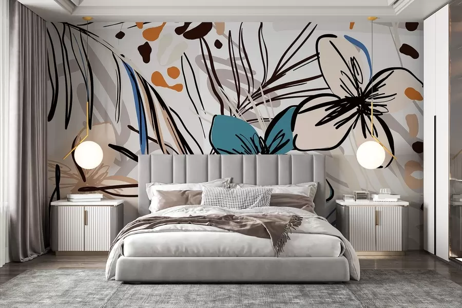murais de parede Impressão abstrata moderna com folhas de palmeira tropicais, flores azuis e bege, linhas pretas, fundo claro w08889