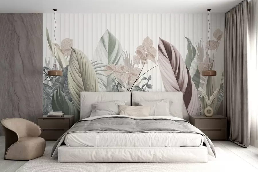 murais de parede Folhas tropicais com cores pastel suaves, verde claro, rosa claro e castanho claro, linhas verticais no fundo w08892