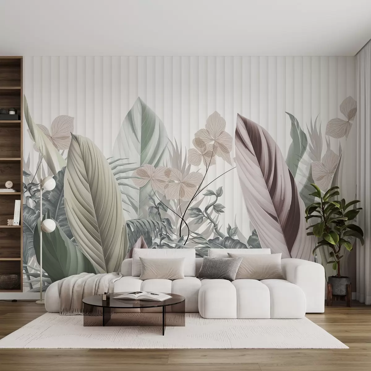 murais de parede Folhas tropicais com cores pastel suaves, verde claro, rosa claro e castanho claro, linhas verticais no fundo w08892