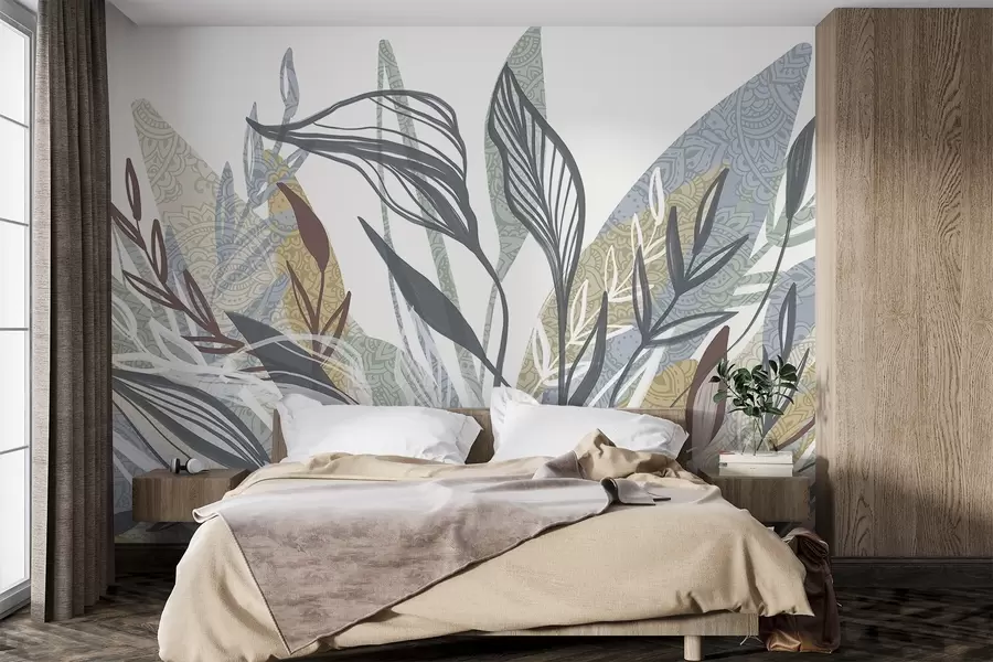 murais de parede Uma coleção de folhas de diferentes cores e tamanhos, algumas com linhas de arte, sobre um fundo branco w08893