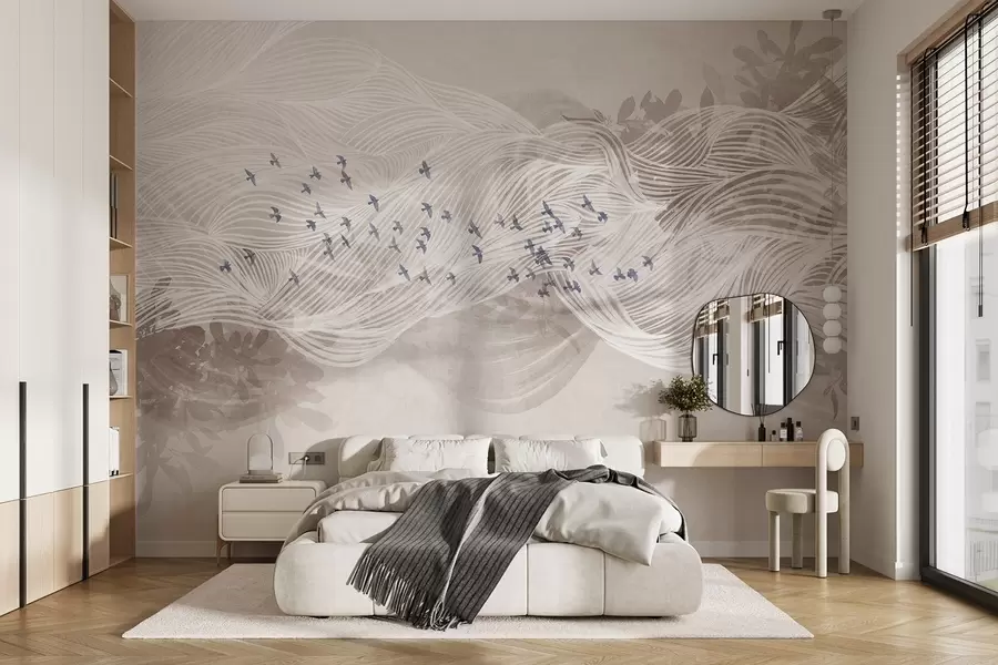 murais de parede Bando de pássaros a sobrevoar uma paisagem de arte de linhas abstractas com textura de ondas bege, cores suaves, design minimalista  w08898