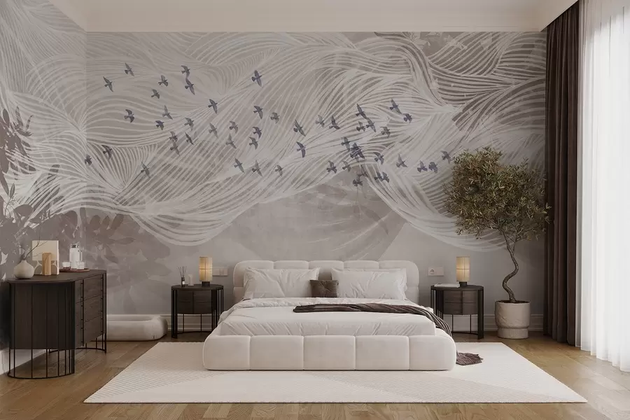 murais de parede Bando de pássaros a sobrevoar uma paisagem de arte de linhas abstractas com textura de ondas bege, cores suaves, design minimalista  w08898