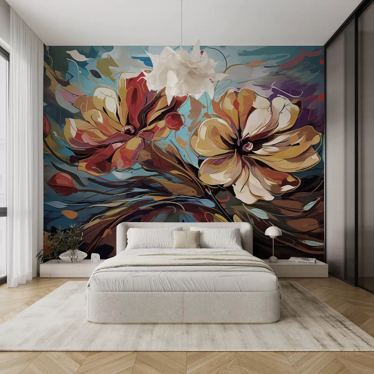 murais de parede Grandes flores abstractas amarelas e cor de laranja w08863