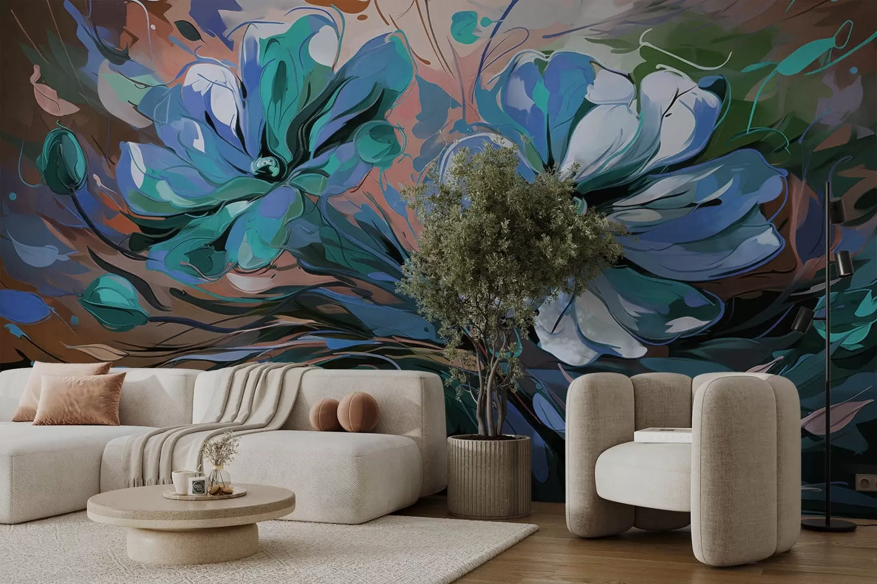 murais de parede Grandes flores abstractas cor-de-rosa e roxas w08863v2