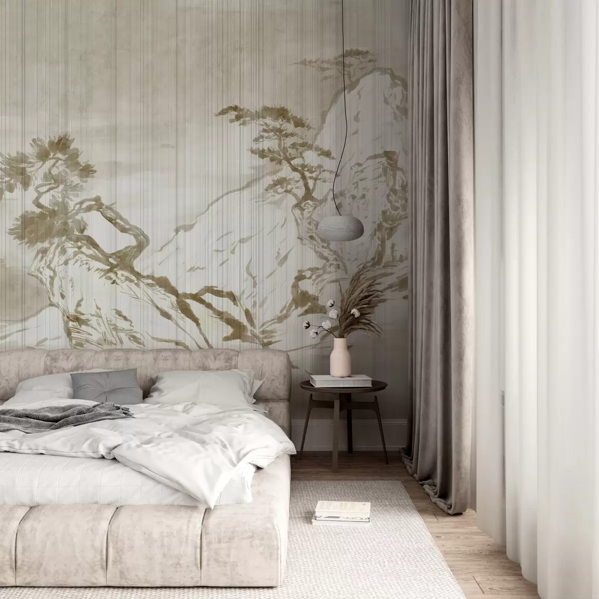 murais de parede Ilustração de paisagem monocromática tradicional chinesa com montanhas, árvores e nevoeiro w03379