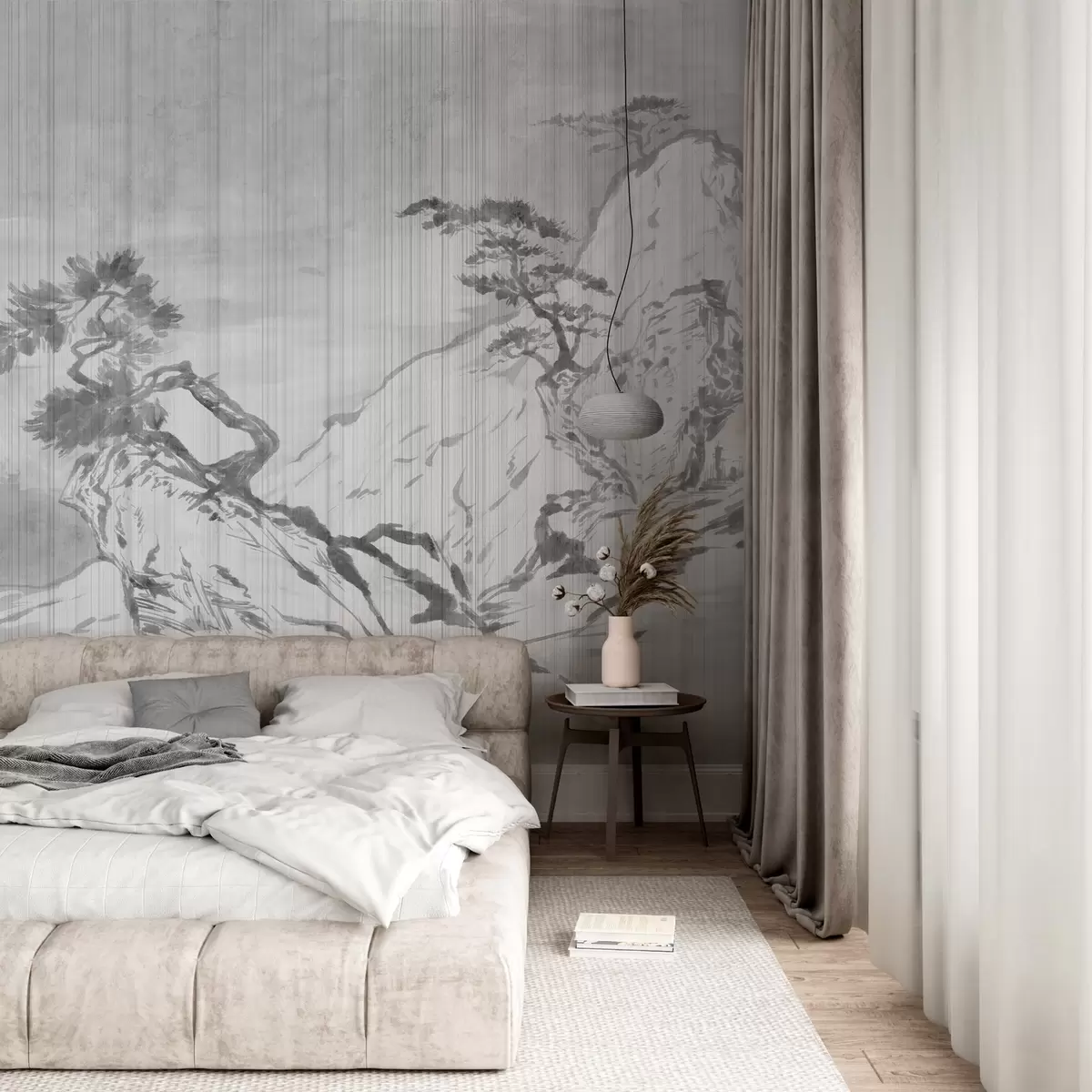 murais de parede Ilustração de paisagem monocromática tradicional chinesa com montanhas, árvores e nevoeiro, fundo cinzento w03379v1