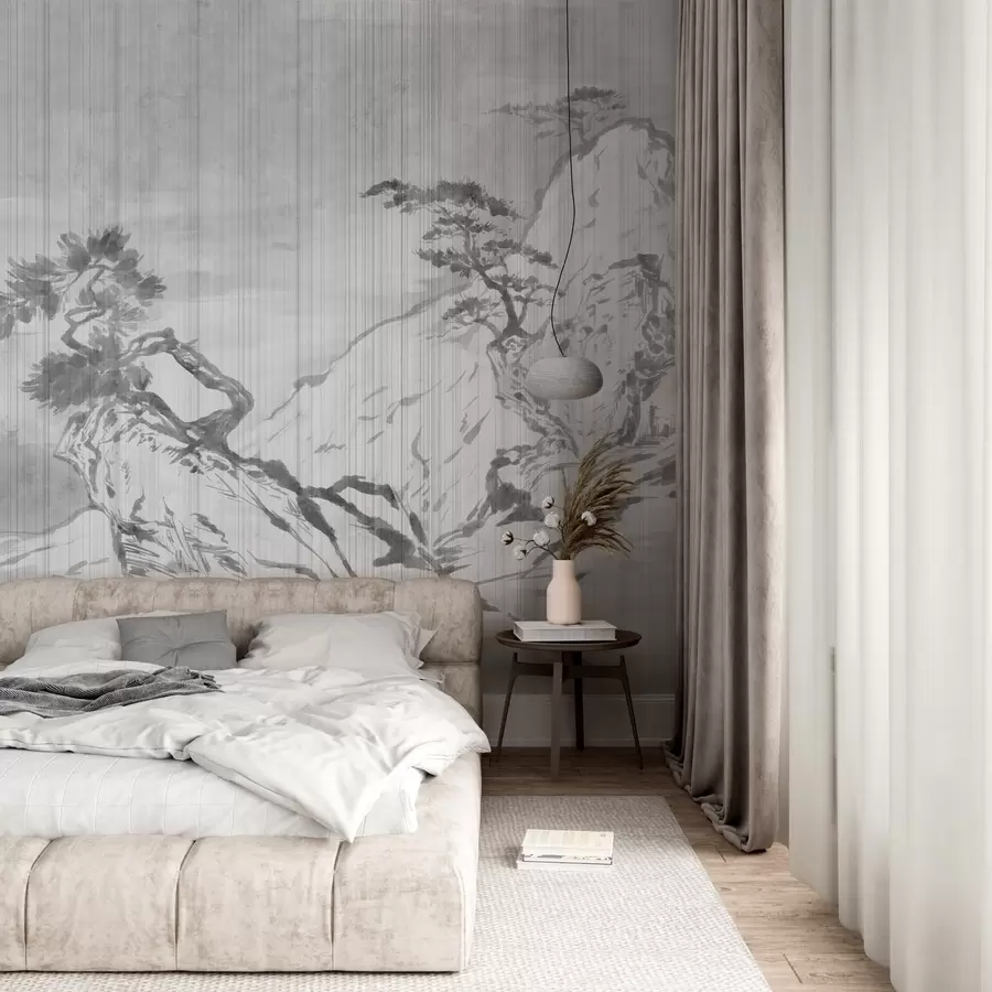 murais de parede Ilustração de paisagem monocromática tradicional chinesa com montanhas, árvores e nevoeiro, fundo cinzento w03379v1