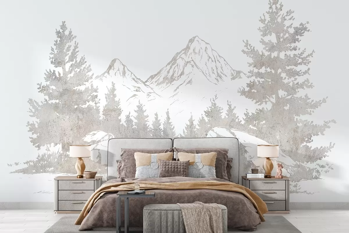 murais de parede Os Alpes, montanhas com floresta, desenho de linhas, cores naturais w03343