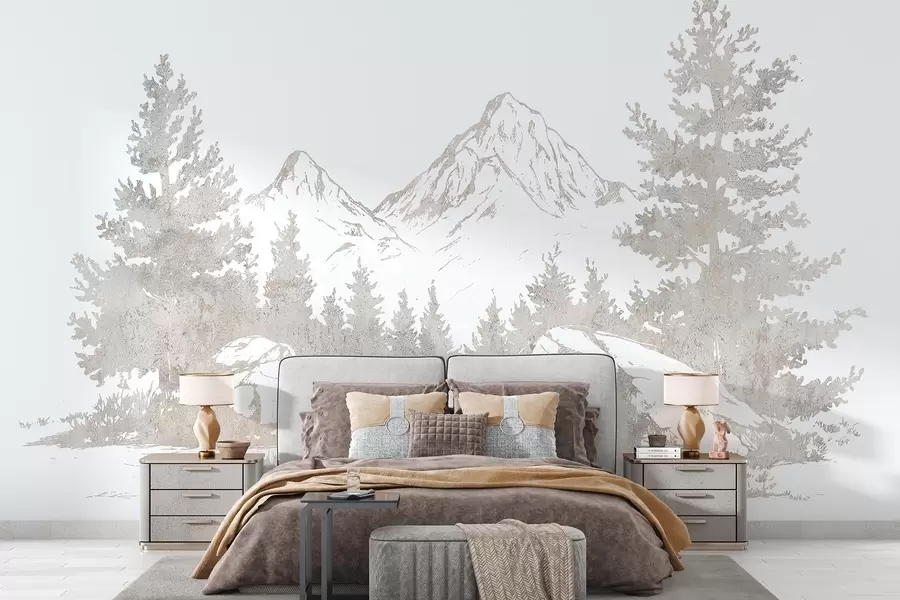 murais de parede Os Alpes, montanhas com floresta, desenho de linhas, cores naturais w03343