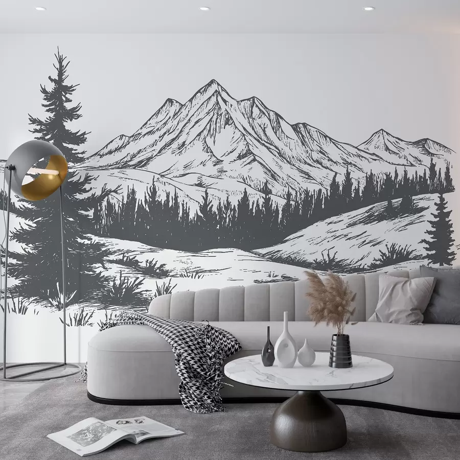 murais de parede Paisagem de montanhas com pinheiros, floresta, natureza, cor cinzenta escura w03344