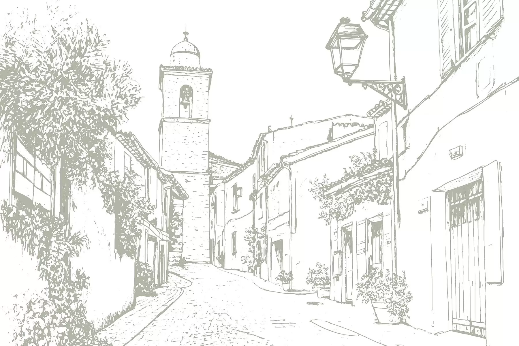 murais de parede Rua da cidade, bela arquitetura, edifícios, Mediterrâneo, desenho de linhas, cor de azeitona w03345