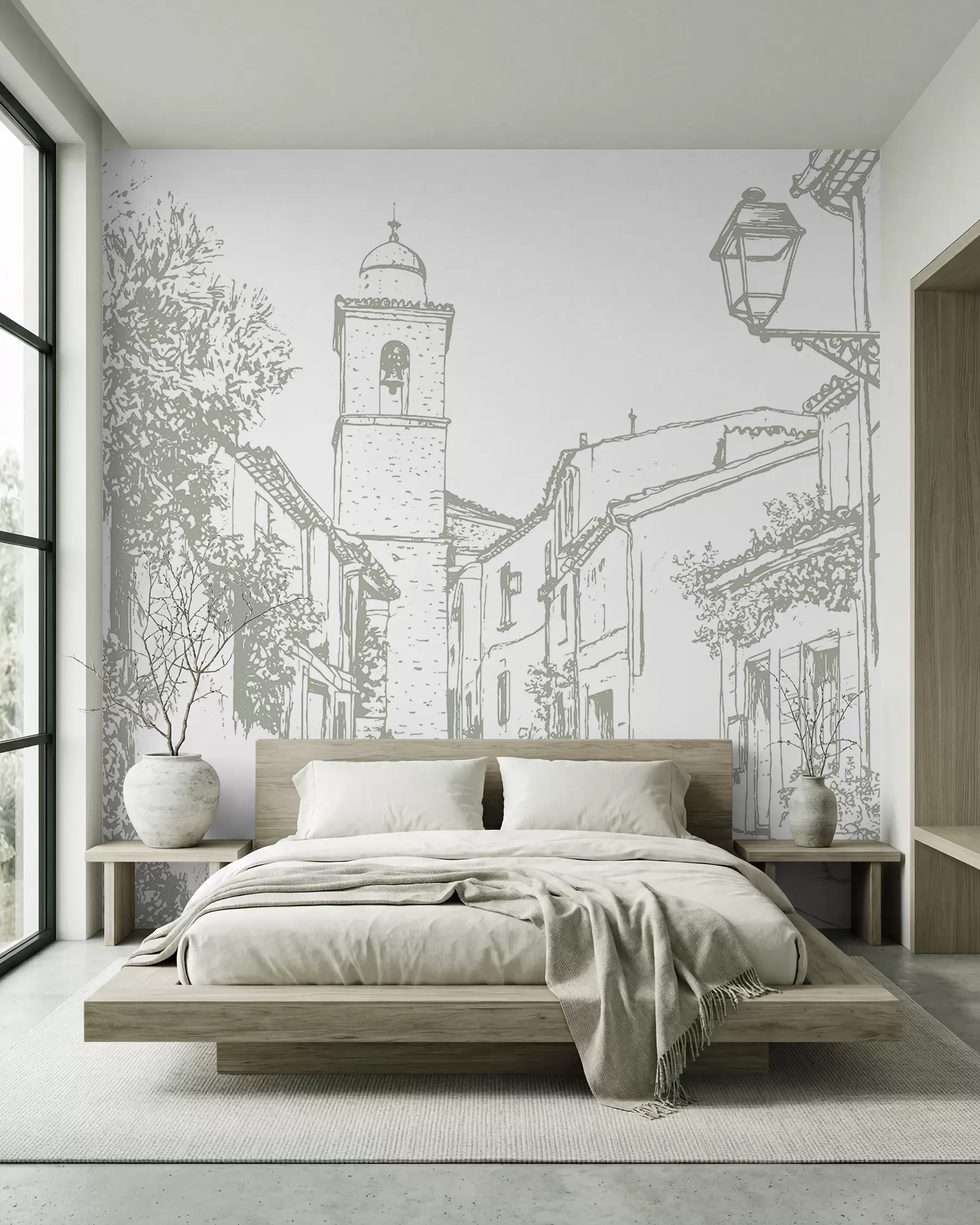 murais de parede Rua da cidade, bela arquitetura, edifícios, Mediterrâneo, desenho de linhas, cor de azeitona w03345