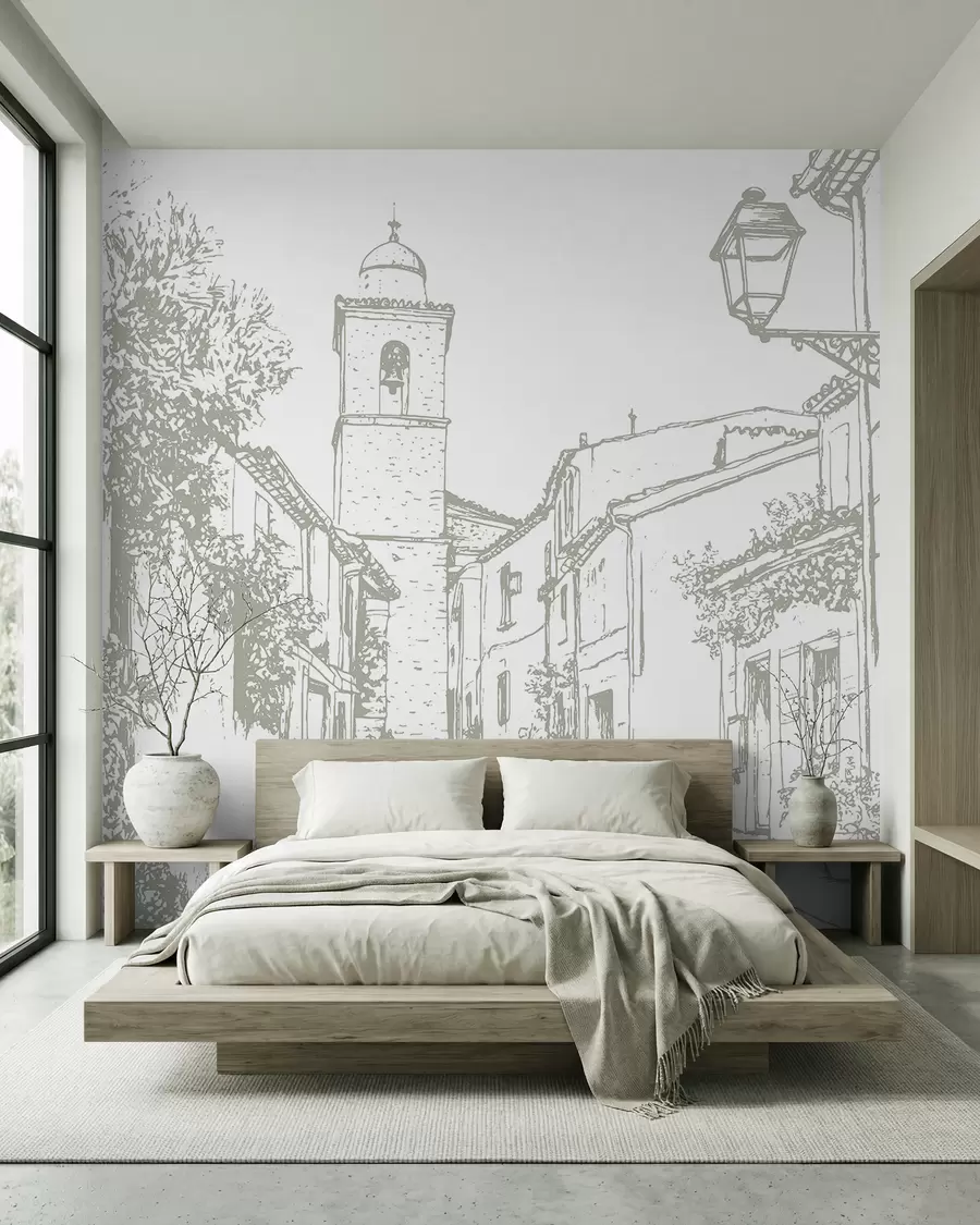 murais de parede Rua da cidade, bela arquitetura, edifícios, Mediterrâneo, desenho de linhas, cor de azeitona w03345