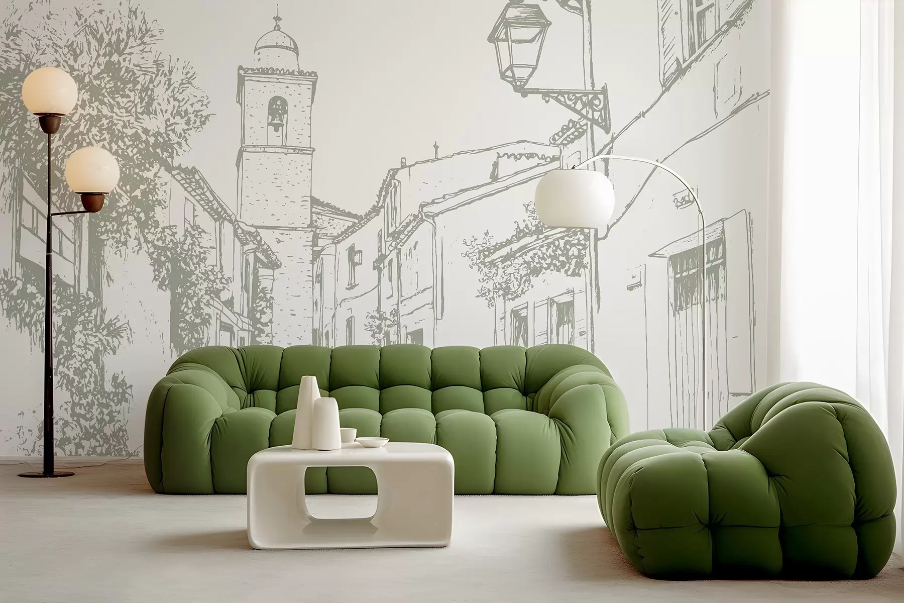 murais de parede Rua da cidade, bela arquitetura, edifícios, Mediterrâneo, desenho de linhas, cor de azeitona w03345