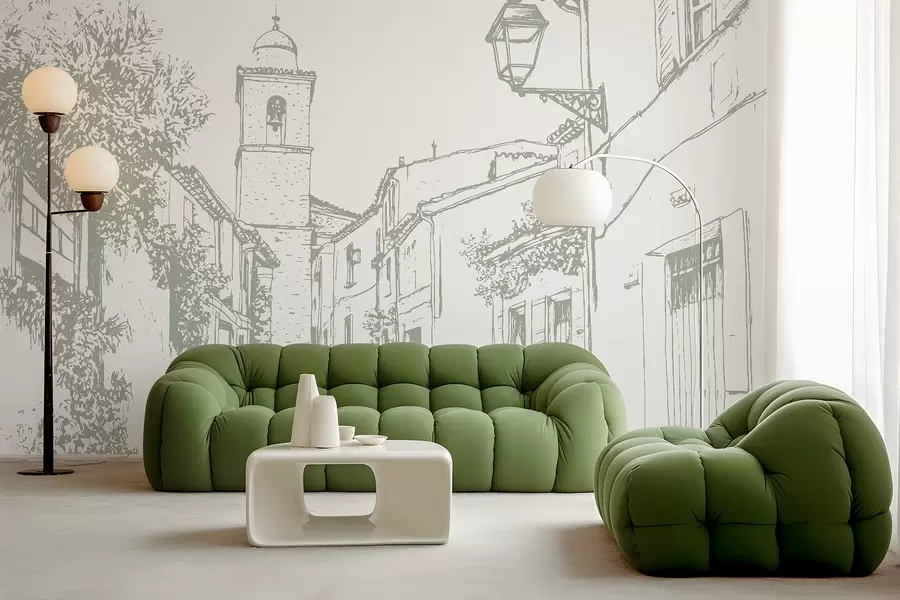 murais de parede Rua da cidade, bela arquitetura, edifícios, Mediterrâneo, desenho de linhas, cor de azeitona w03345