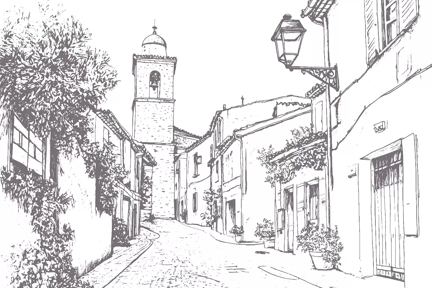 murais de parede Rua da cidade, arquitetura bonita, edifícios, Mediterrâneo, desenho de linhas, cor bege w03345v1