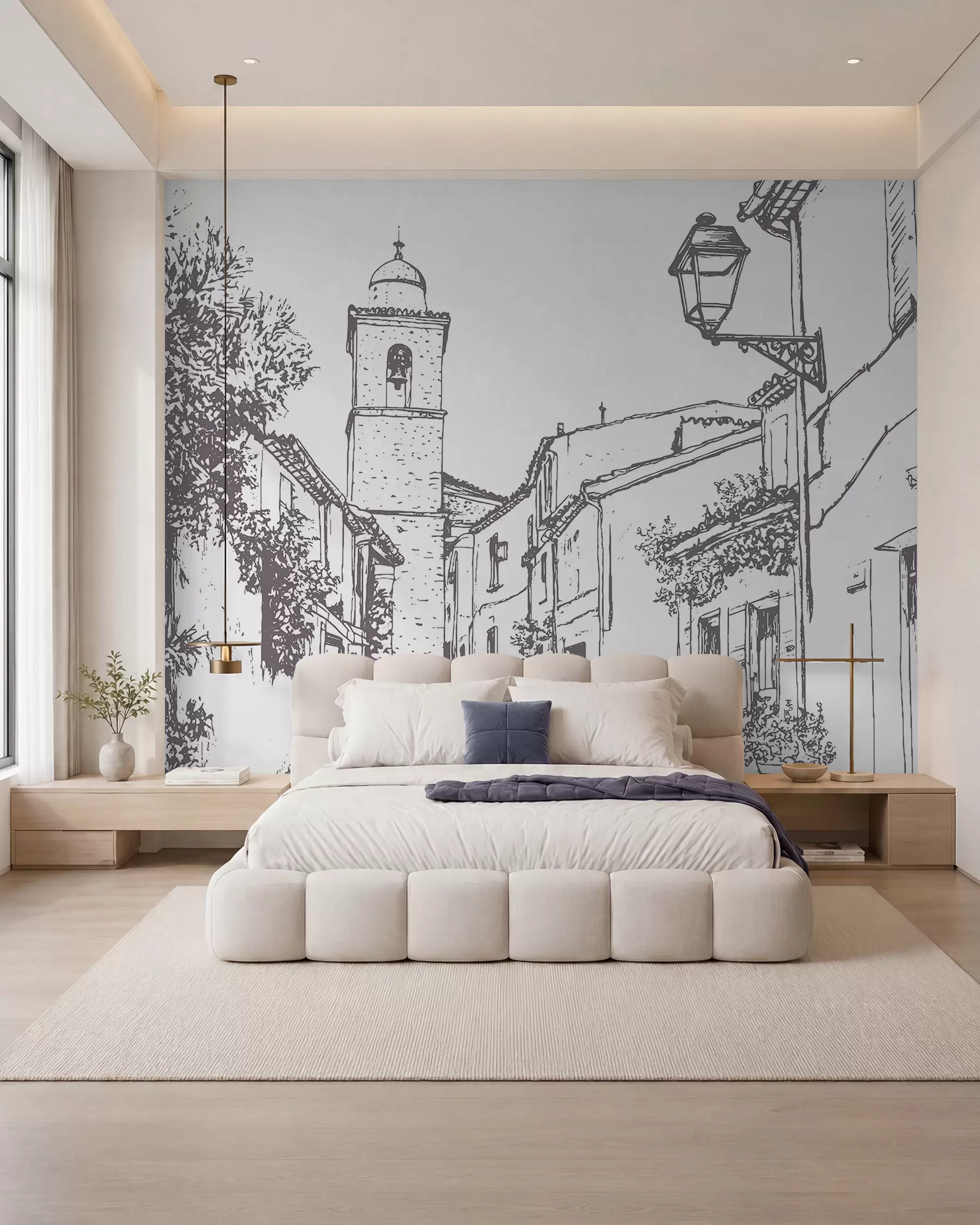 murais de parede Rua da cidade, arquitetura bonita, edifícios, Mediterrâneo, desenho de linhas, cor bege w03345v1