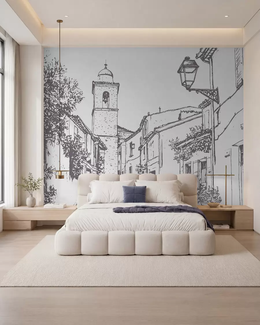 murais de parede Rua da cidade, arquitetura bonita, edifícios, Mediterrâneo, desenho de linhas, cor bege w03345v1