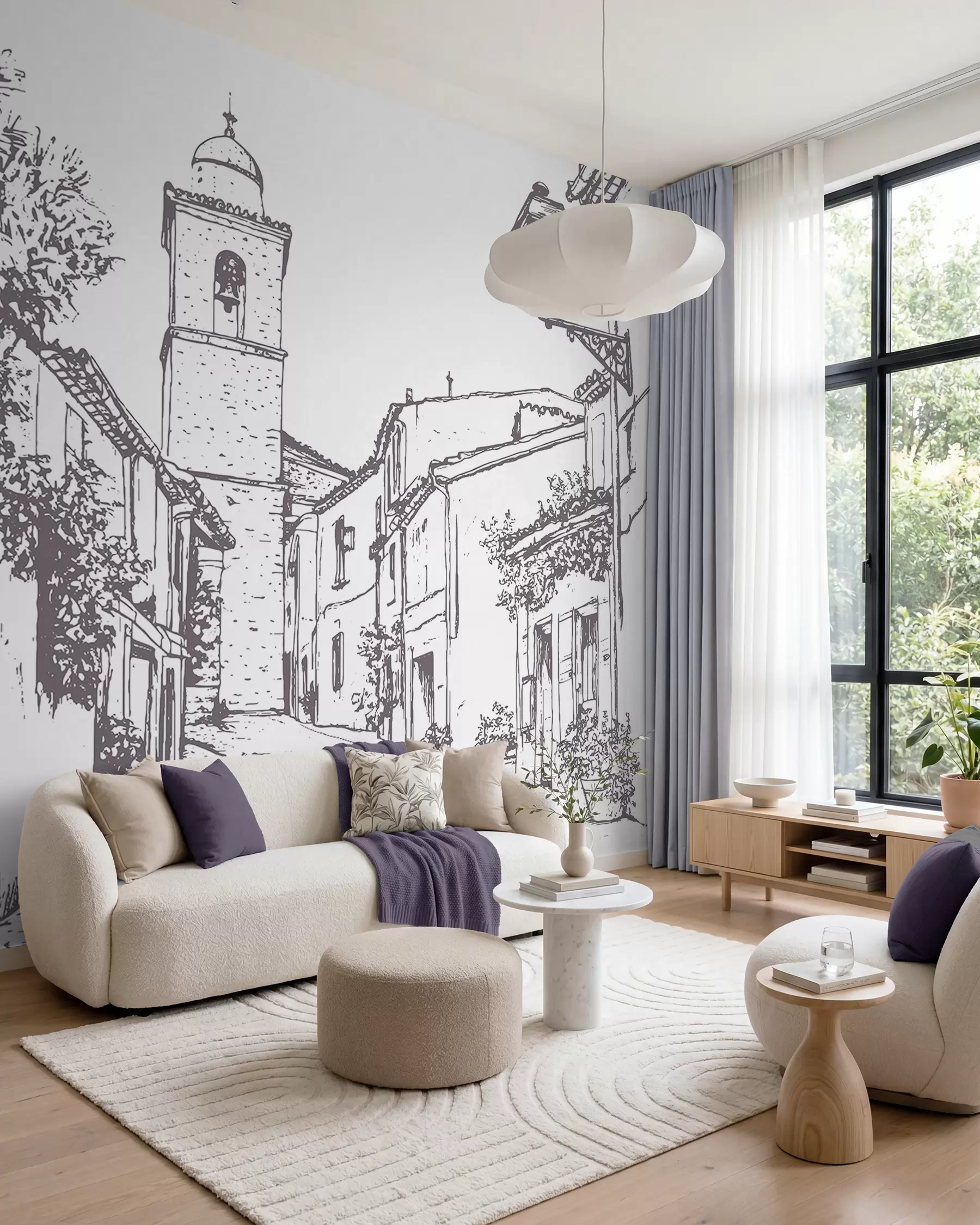 murais de parede Rua da cidade, arquitetura bonita, edifícios, Mediterrâneo, desenho de linhas, cor bege w03345v1