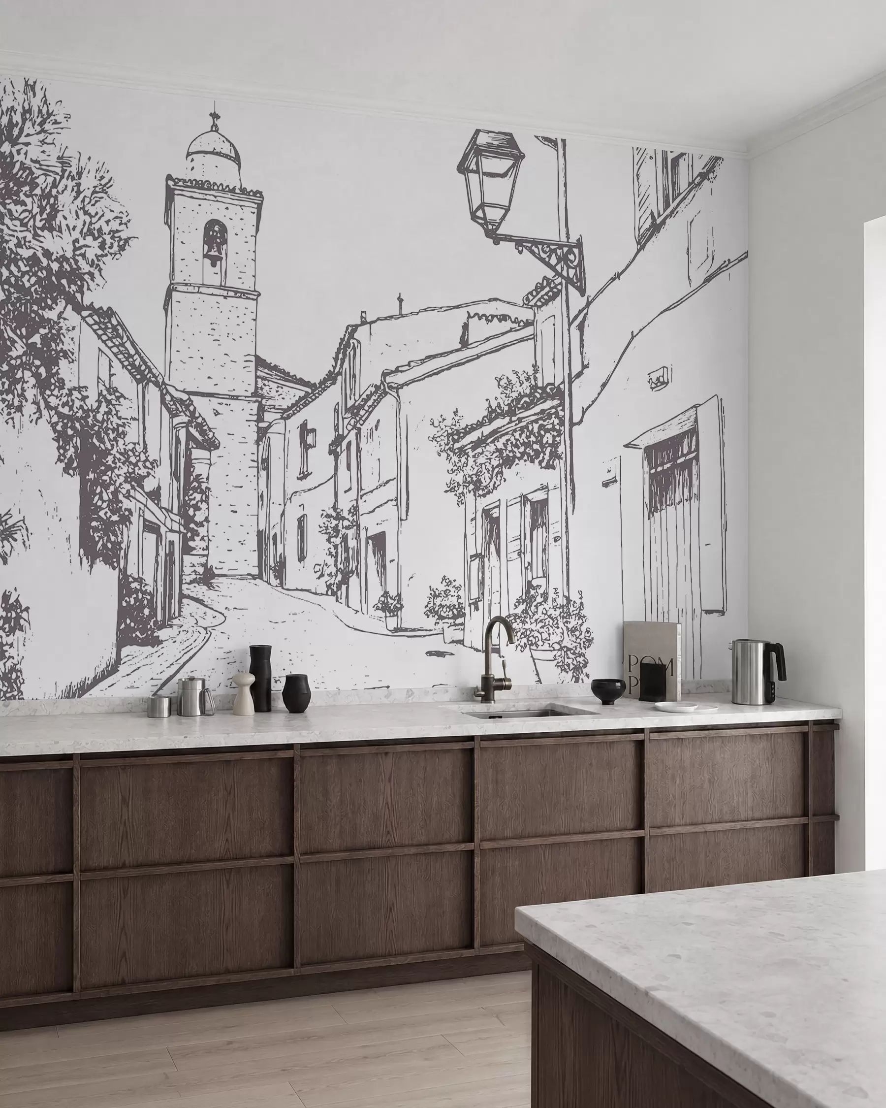 murais de parede Rua da cidade, arquitetura bonita, edifícios, Mediterrâneo, desenho de linhas, cor bege w03345v1