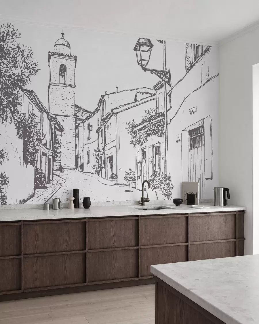 murais de parede Rua da cidade, arquitetura bonita, edifícios, Mediterrâneo, desenho de linhas, cor bege w03345v1