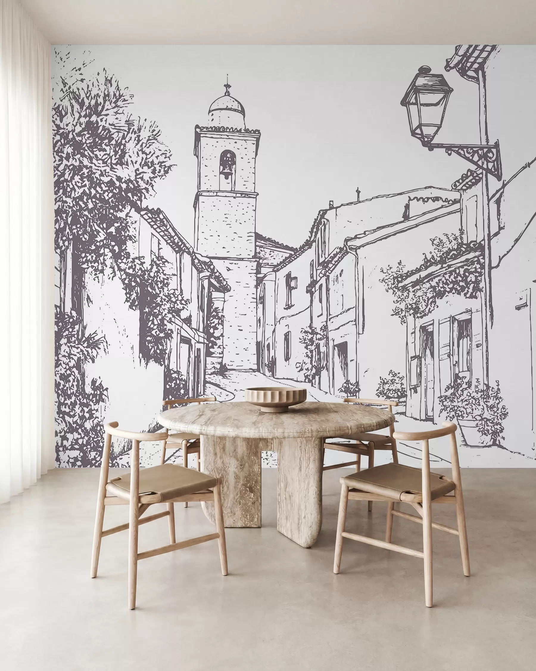 murais de parede Rua da cidade, arquitetura bonita, edifícios, Mediterrâneo, desenho de linhas, cor bege w03345v1