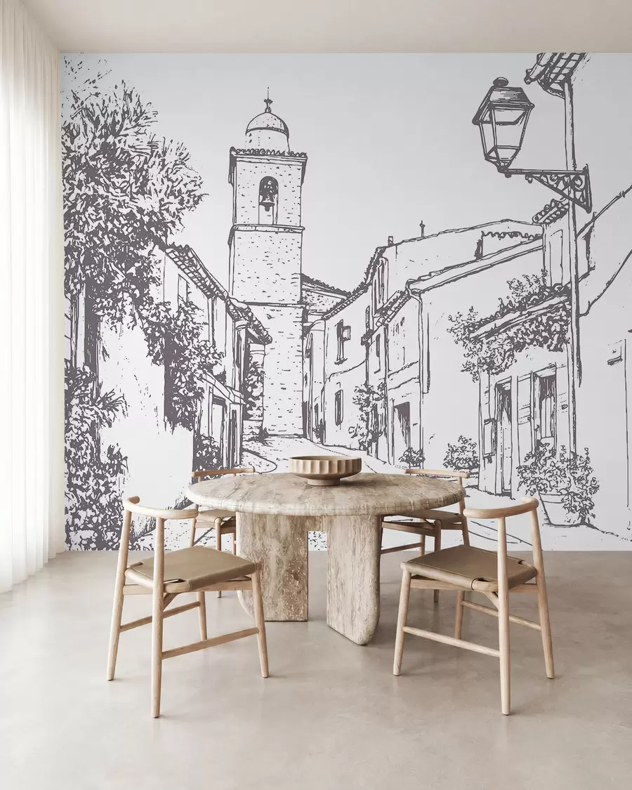 murais de parede Rua da cidade, arquitetura bonita, edifícios, Mediterrâneo, desenho de linhas, cor bege w03345v1