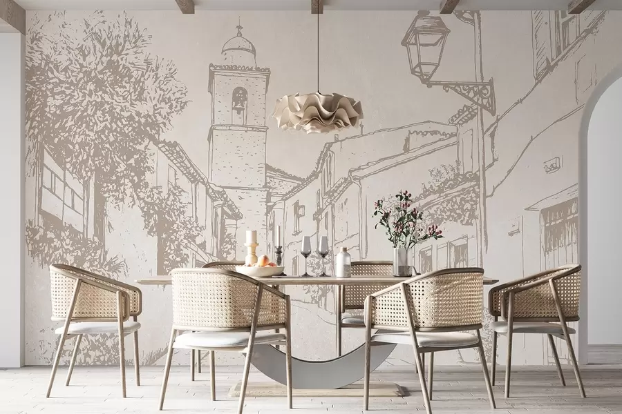 murais de parede Rua da cidade, arquitetura bonita, edifícios, Mediterrâneo, cores bege w03346