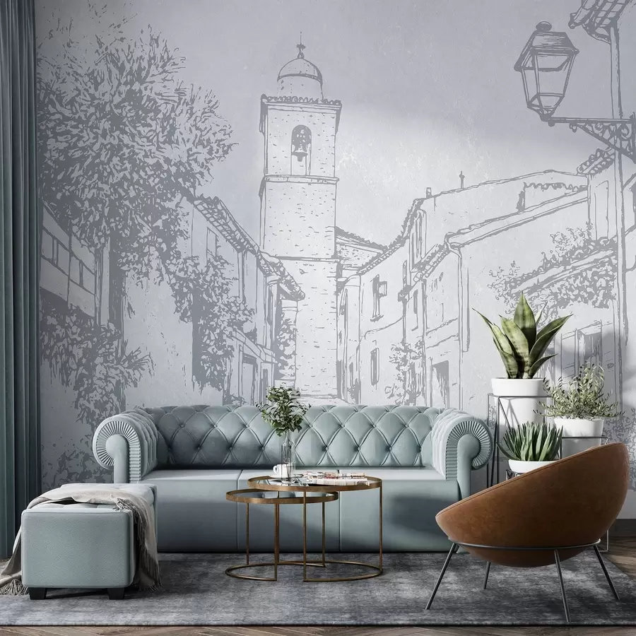 murais de parede Rua da cidade, arquitetura bonita, edifícios, Mediterrâneo, cores azuis w03346v1